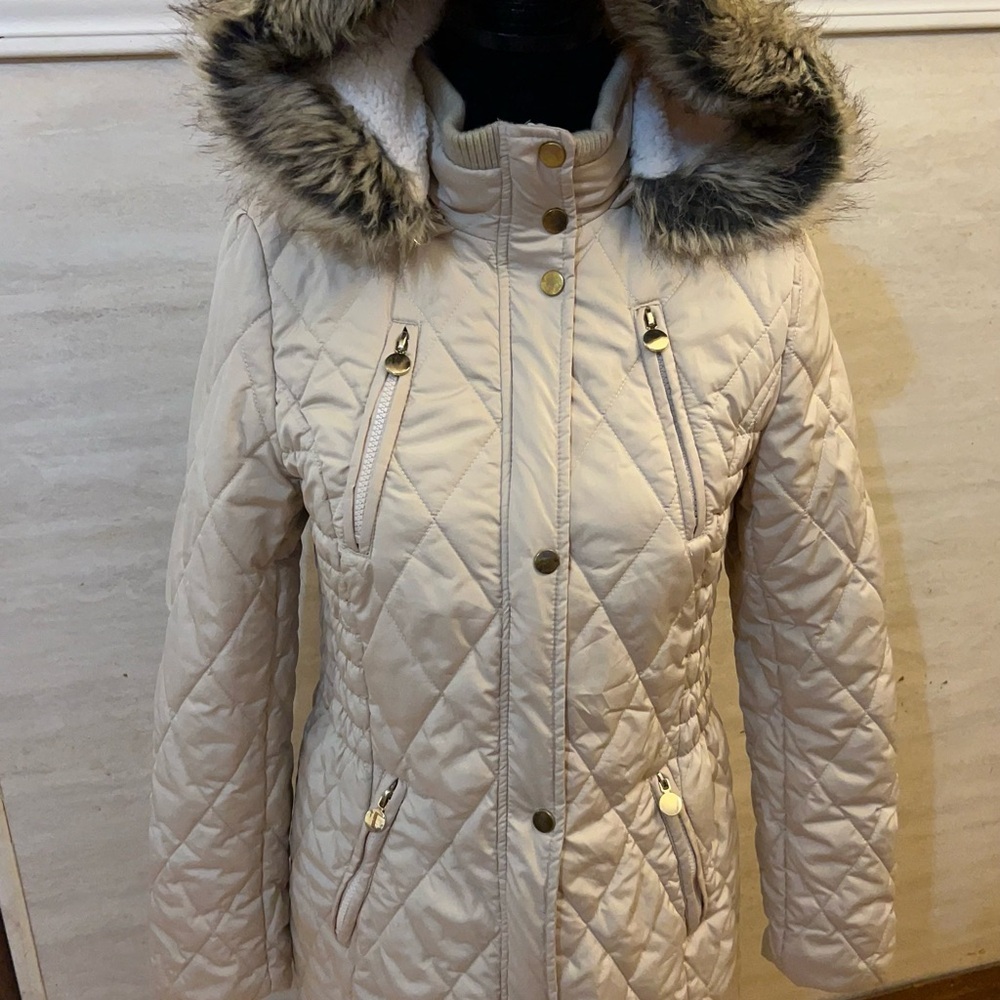 Copper Key Women's Quilted Puffer Jacket with Faux Fur Hood - Beige